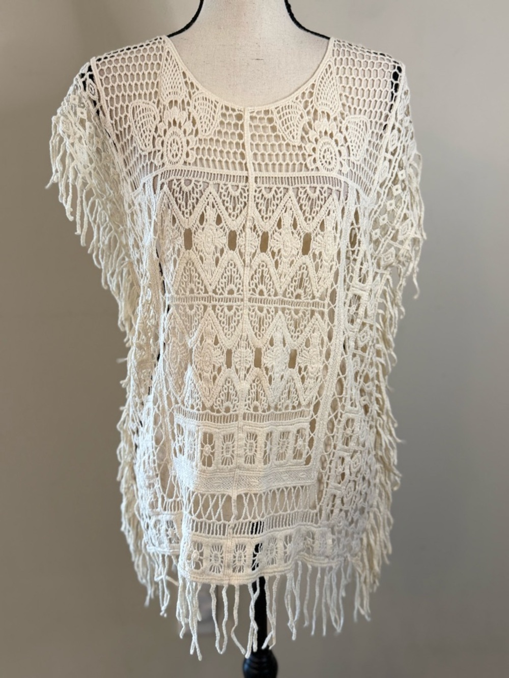 Marci sweater cream crochet lace floral southwestern fringe SZ SM